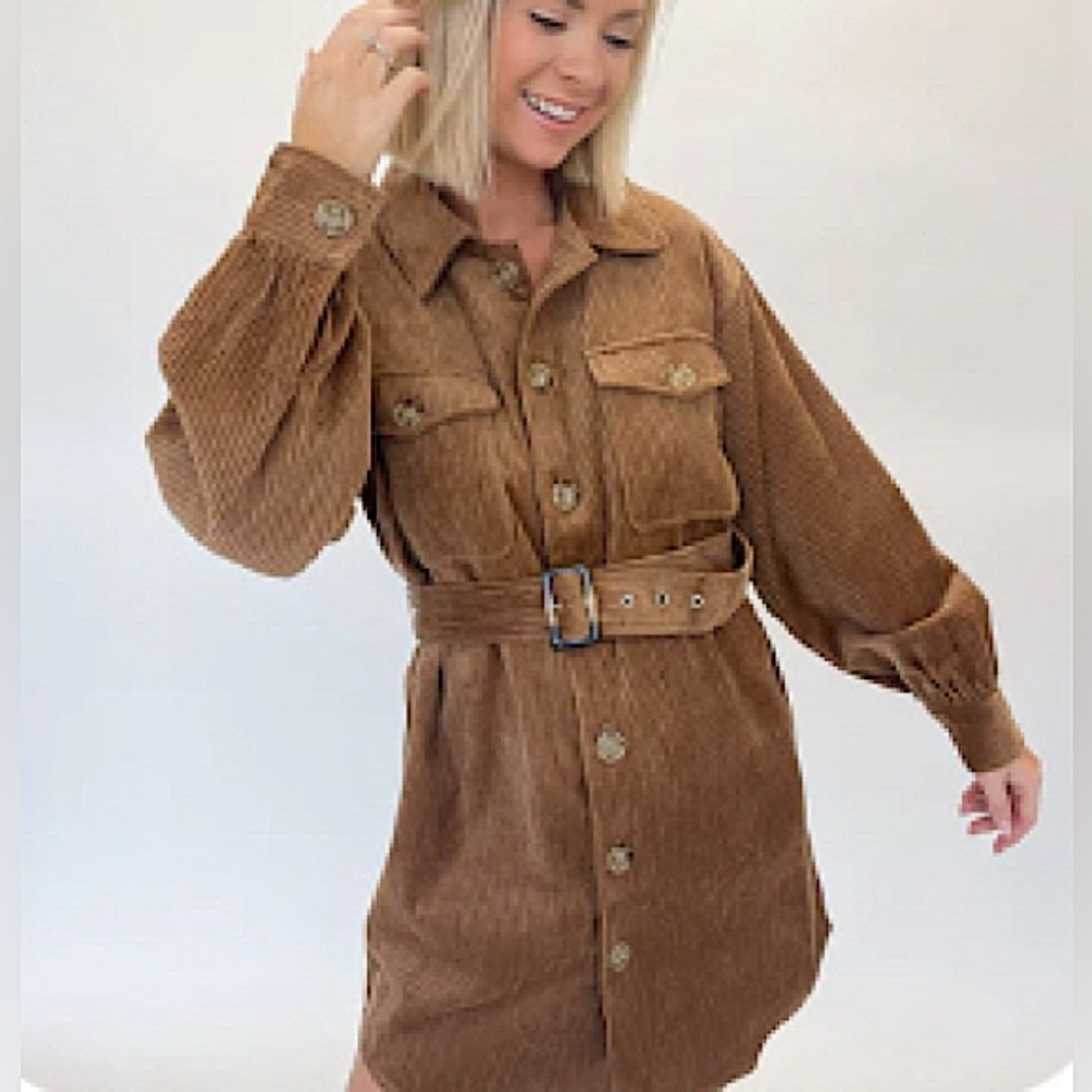 Lady in love brown corduroy belted shirt dress